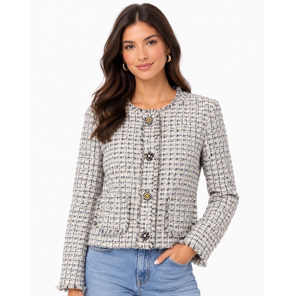 Zara Basic Women Blue Yellow Tweed Fringe Jewel Button Blazer Jacket Small
